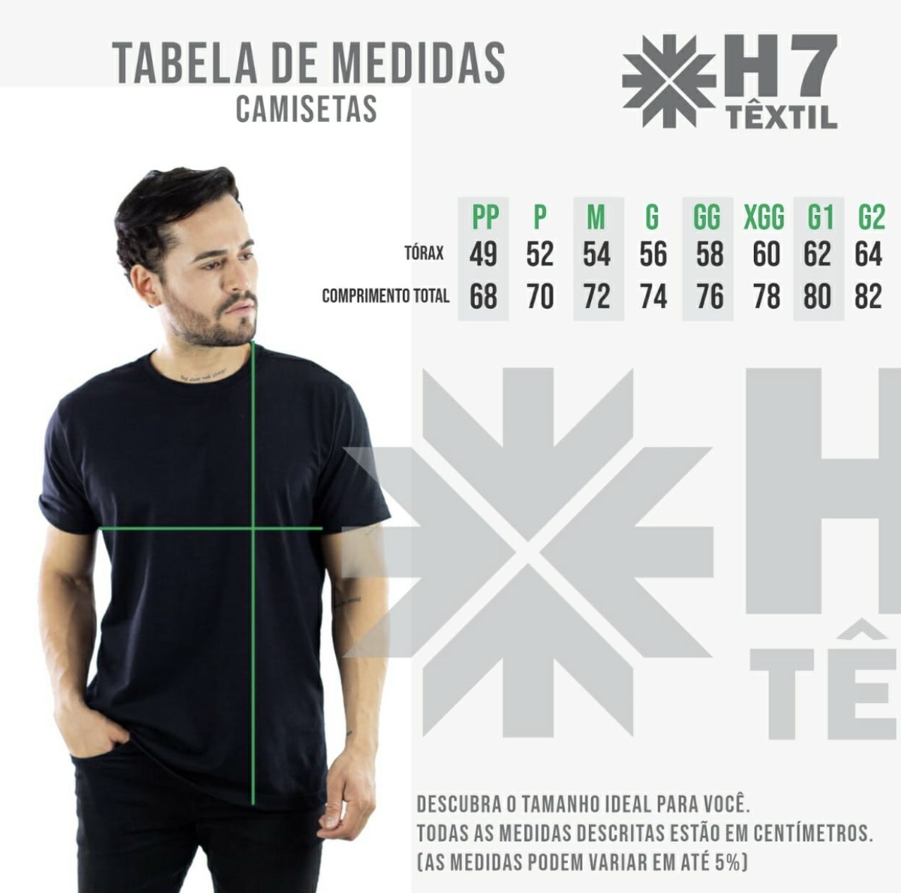 Tabela de medidas das camisetas